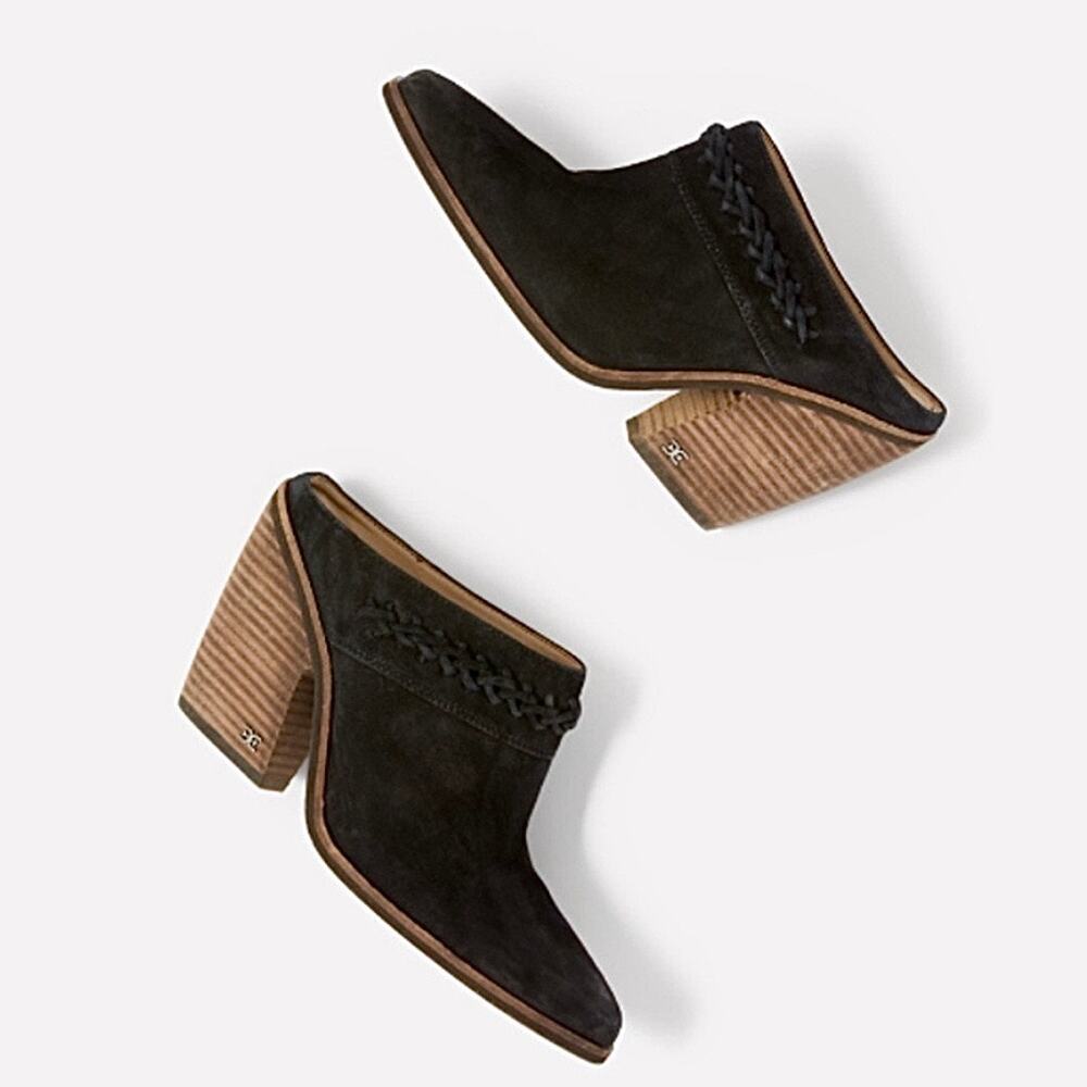 NIB SAM EDELMAN Alison 8M Suede Pointed Toe Stacked Block Heel Mule Black - Picture 2 of 11